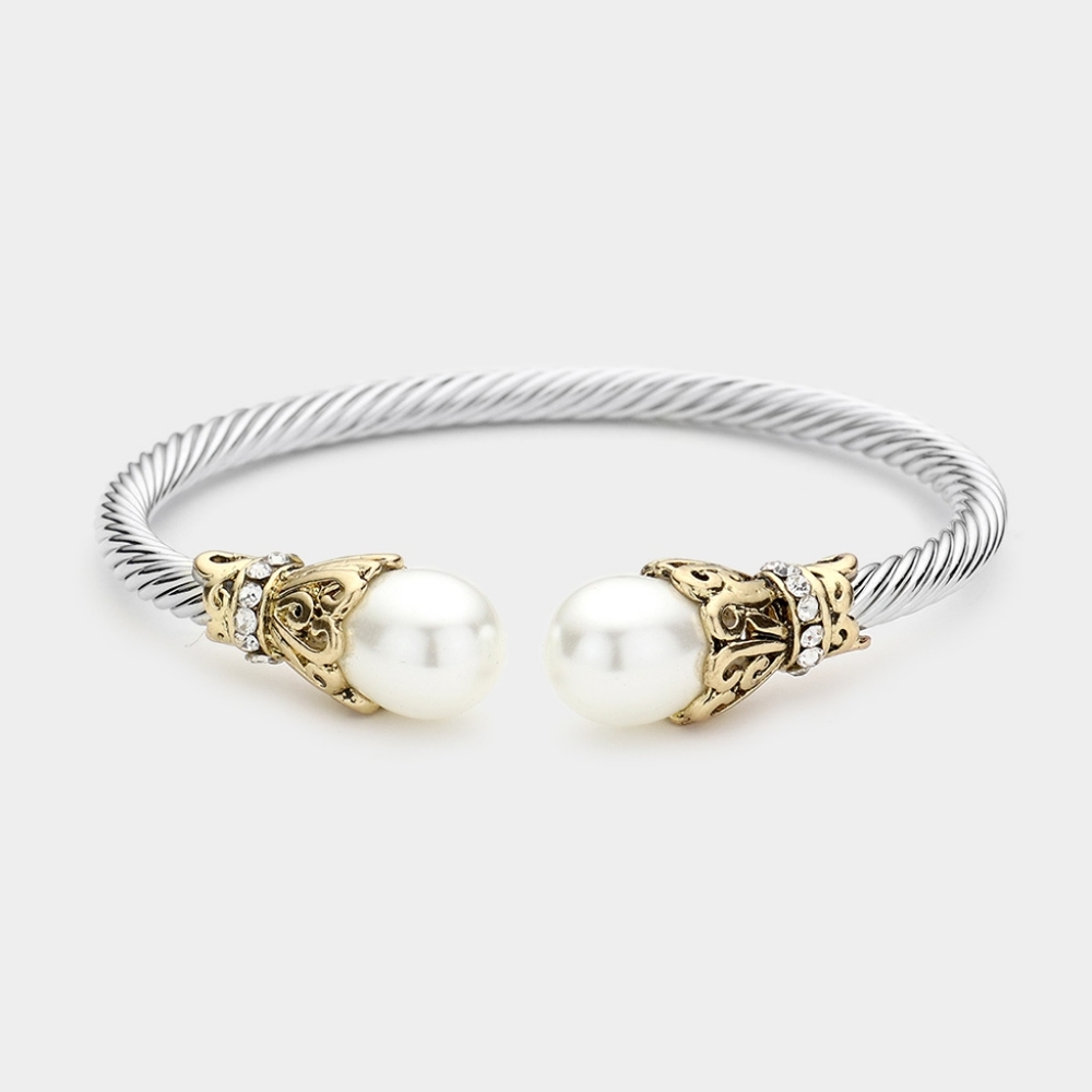 White Pearl Tip Twisted Rope Cable Style Cuff Bracelet Bangle Metal Accessory